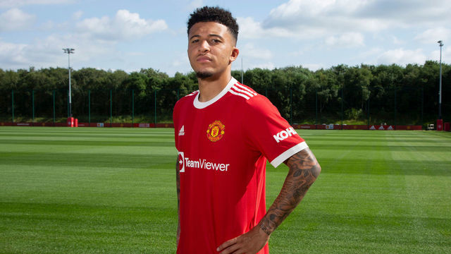MANCHESTER, ENGLAND - JULY 23: New signing Jadon Sancho of Manchester United is unveiled at Carrington Training Ground on July 23, 2021 in Manchester, England.