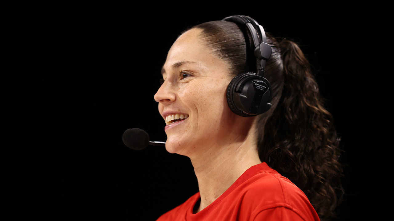 LAS VEGAS, NV - JULY 18: Sue Bird #6 of the USA Basketball Womens National Team talks with the media before the game against the Nigeria Women's National Team on July 18, 2021 at Michelob ULTRA Arena in Las Vegas, Nevada.