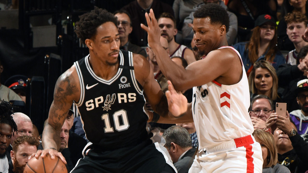 TORONTO, CANADA - JANUARY 12: DeMar DeRozan #10 of the San Antonio Spurs handles the ball against Kyle Lowry #7 of the Toronto Raptors on January 12, 2020 at the Scotiabank Arena in Toronto, Ontario, Canada. Mandatory Copyright Notice: Copyright 2020 NBAE