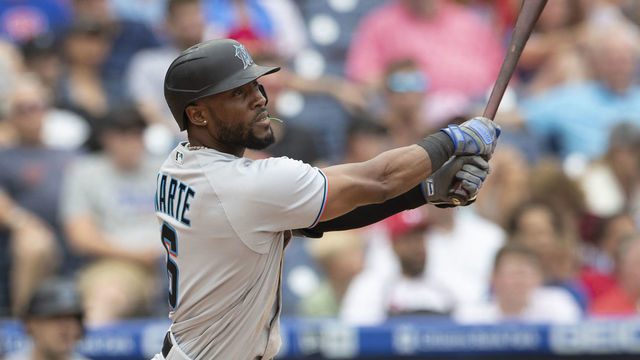 PHILADELPHIA, PA - JULY 18: Starling Marte #6 of the Miami Marlins bats against the Philadelphia Phillies at Citizens Bank Park on July 18, 2021 in Philadelphia, Pennsylvania. The Phillies defeated the Marlins 7-4.