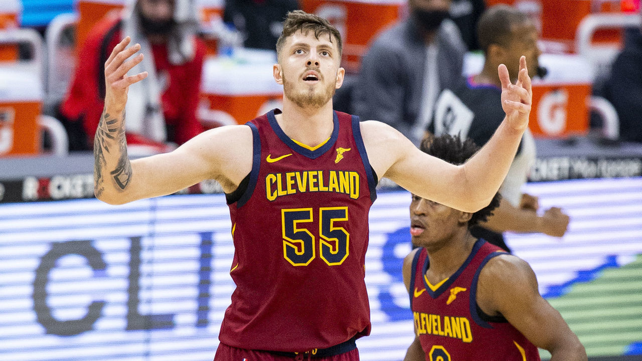 CLEVELAND, OH - MAY 5: Isaiah Hartenstein #55 of the Cleveland Cavaliers celebrates during a game against the Portland Trail Blazers during the second quarter at Rocket Mortgage Fieldhouse on May 5, 2021 in Cleveland, Ohio.