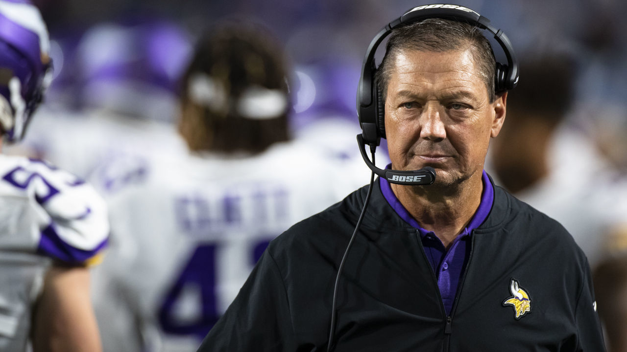 ORCHARD PARK, NY - AUGUST 29: Offensive line coach Rick Dennison of the Minnesota Vikings walks the sideline during the second half of a preseason game against the Buffalo Bills at New Era Field on August 29, 2019 in Orchard Park, New York. Buffalo defeats Minnesota 27-23.