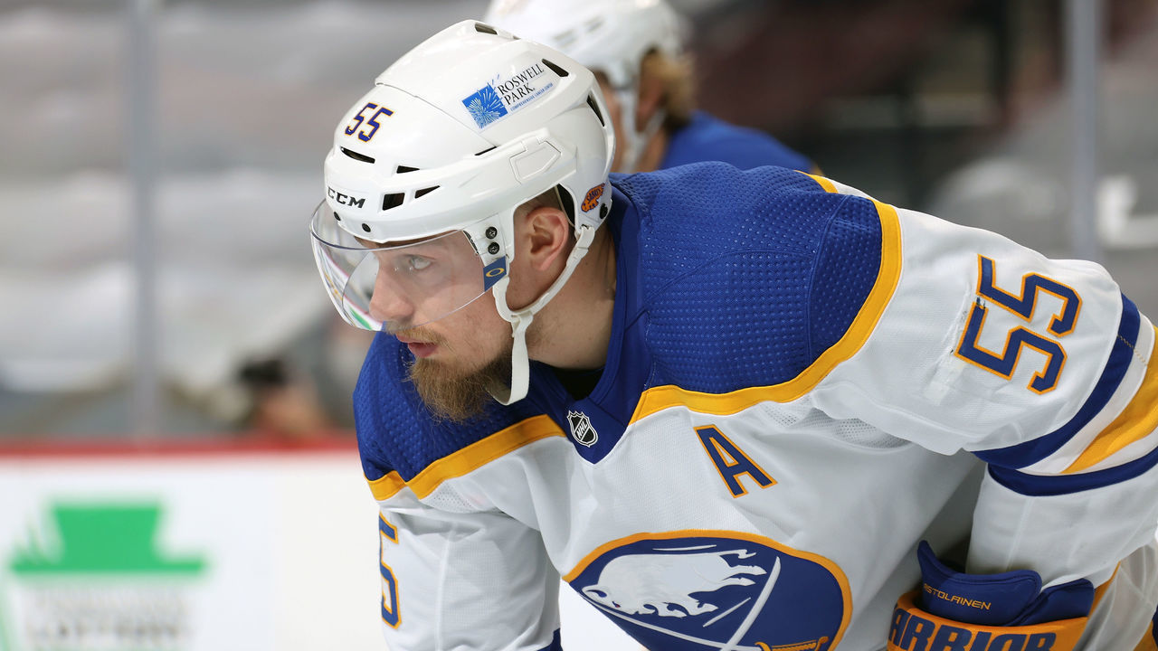 PHILADELPHIA, PA - MARCH 09: Rasmus Ristolainen #55 of the Buffalo Sabres looks on against the Philadelphia Flyers at the Wells Fargo Center on March 9, 2021 in Philadelphia, Pennsylvania.