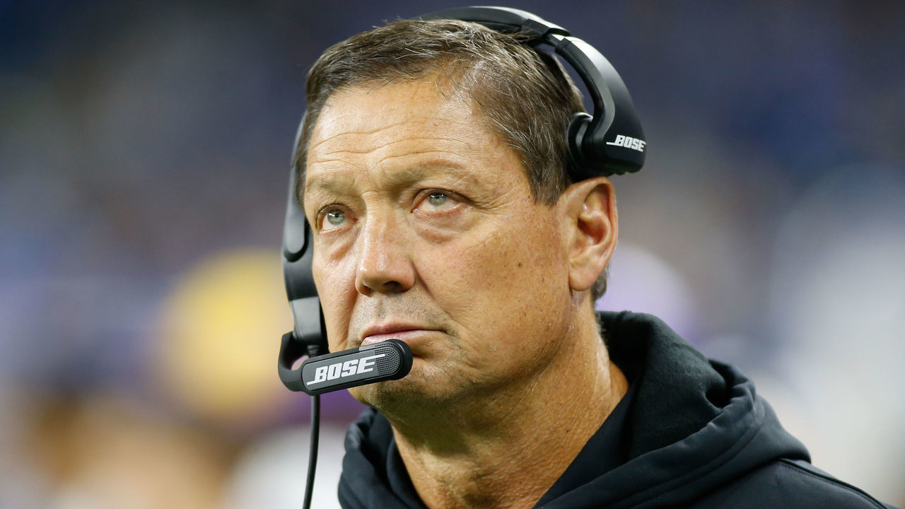 DETROIT, MI - OCTOBER 20: Minnesota Vikings offensive line coach Rick Dennison is seen on the sideline during regular season game action between the Minnesota Vikings and the Detroit Lions on October 20, 2019 at Ford Field in Detroit, Michigan.