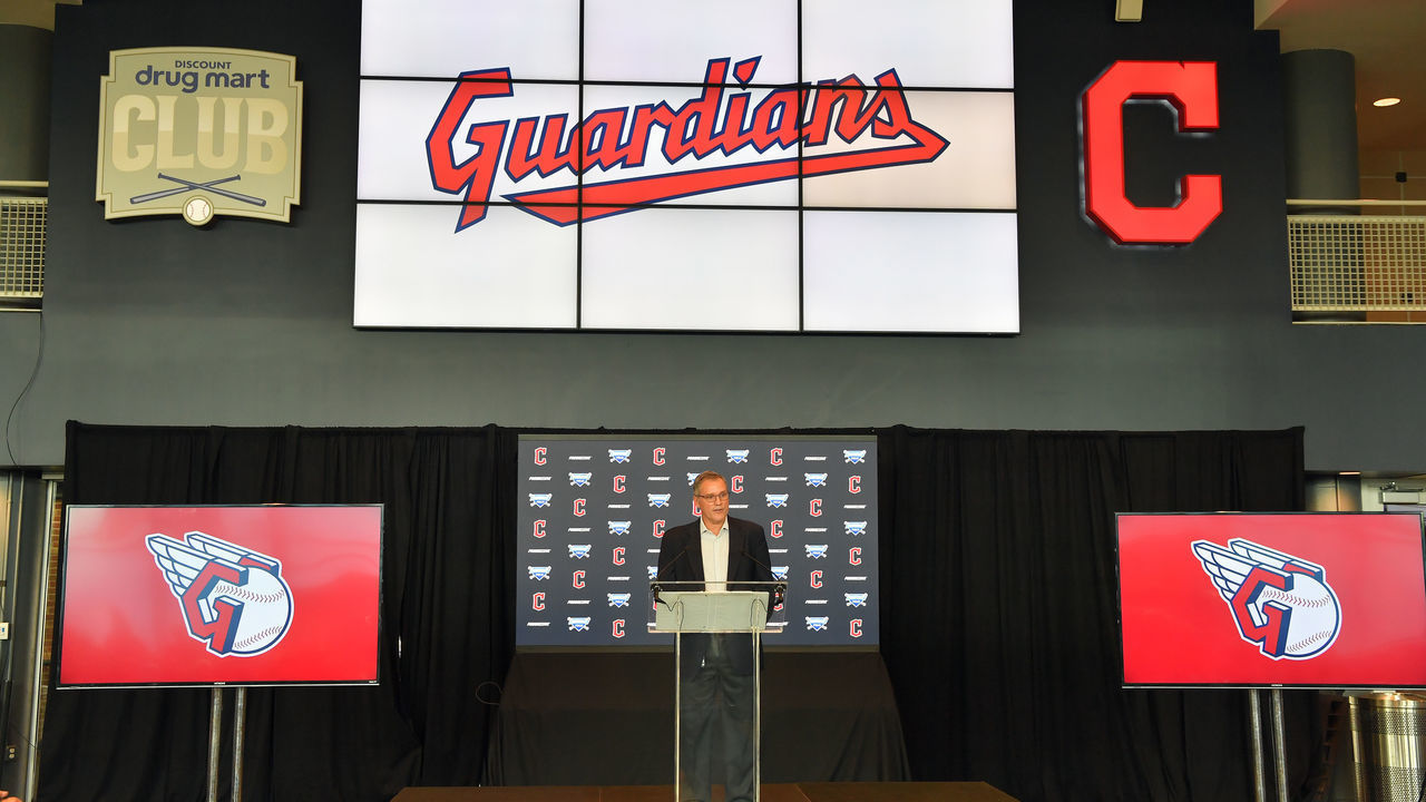 CLEVELAND, OHIO - JULY 23: Cleveland Indians president of business operations Brian Barren talks to members of the media during a press conference announcing the name change from the Cleveland Indians to the Cleveland Guardians at Progressive Field on July 23, 2021 in Cleveland, Ohio.