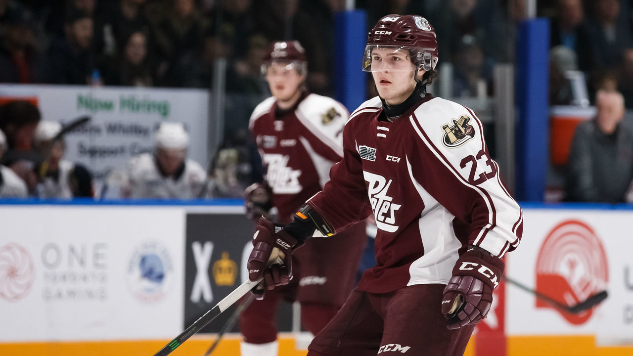 OSHAWA, ON - DECEMBER 13: Mason Mctavish #23 of the Peterborough Petes skates during an OHL game against the Oshawa Generals at the Tribute Communities Centre on December 13, 2019 in Oshawa, Ontario, Canada.