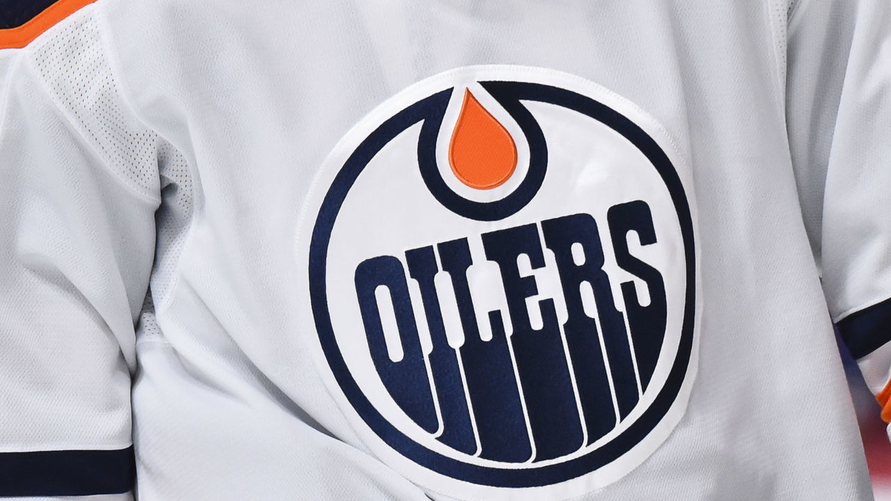 MONTREAL, QC - FEBRUARY 11: A detail of the Edmonton Oilers logo during the second period against the Montreal Canadiens at the Bell Centre on February 11, 2021 in Montreal, Canada. The Edmonton Oilers defeated the Montreal Canadiens 3-0.