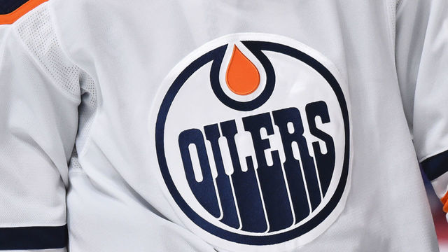 MONTREAL, QC - FEBRUARY 11: A detail of the Edmonton Oilers logo during the second period against the Montreal Canadiens at the Bell Centre on February 11, 2021 in Montreal, Canada. The Edmonton Oilers defeated the Montreal Canadiens 3-0.