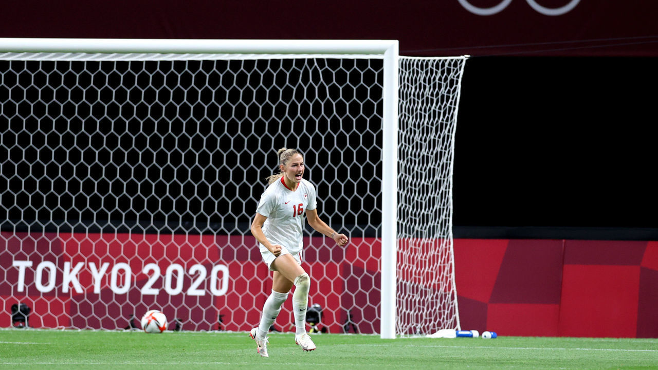 SAPPORO, JAPAN - JULY 24: Janine Beckie #16 of Team Canada celebrates after scoring their side's second goal during the Women's First Round Group E match between Chile and Canada on day one of the Tokyo 2020 Olympic Games at Sapporo Dome on July 24, 2021 in Sapporo, Hokkaido, Japan.