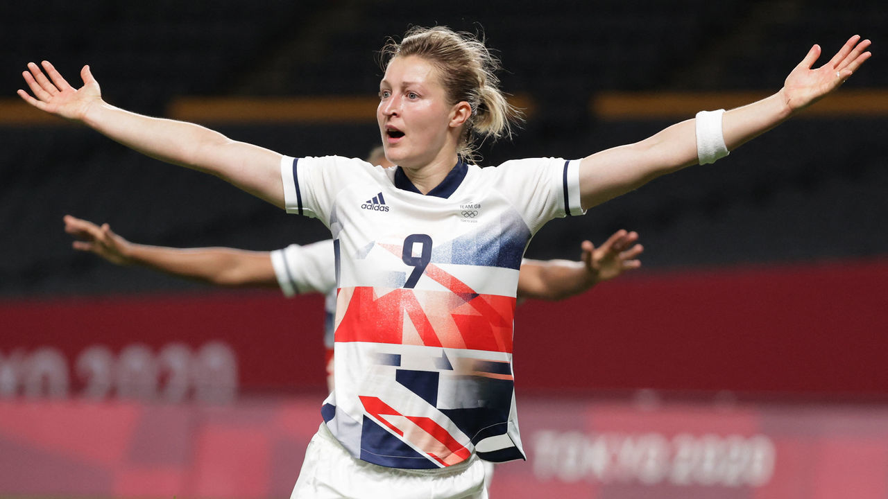 Britain's forward Ellen White celebrates after scoring a goal during the Tokyo 2020 Olympic Games women's group E first round football match between Japan and Britain at the Sapporo Dome in Sapporo on July 24, 2021.