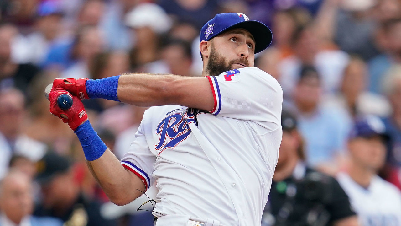 DENVER, COLORADO - JULY 12: Joey Gallo #13 of the Texas Rangers (wearing #44 in honor of Hank Aaron) bats during the 2021 T-Mobile Home Run Derby at Coors Field on July 12, 2021 in Denver, Colorado.