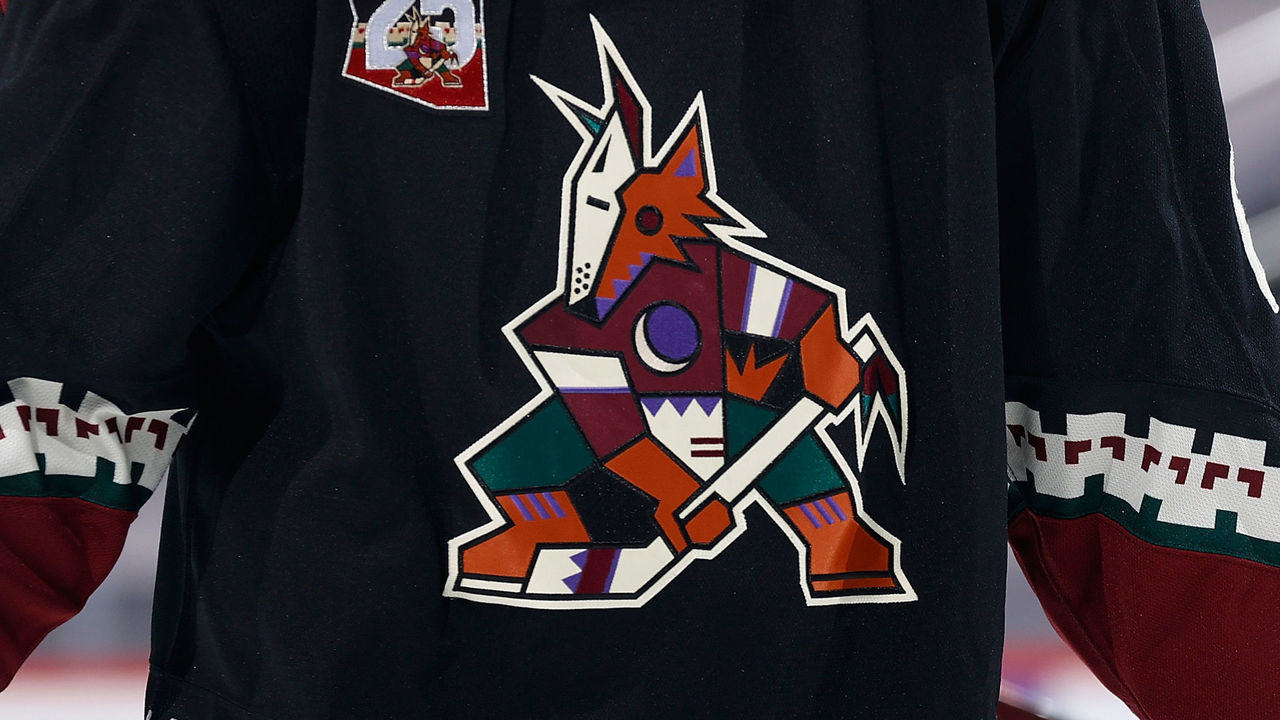 GLENDALE, ARIZONA - JANUARY 22: Detail of the Arizona Coyotes logo during the NHL game against the Vegas Golden Knights at Gila River Arena on January 22, 2021 in Glendale, Arizona. The Coyotes defeated the Golden Knights 5-2.