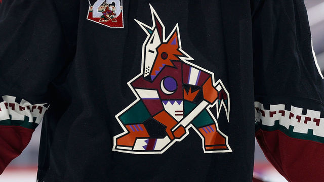 GLENDALE, ARIZONA - JANUARY 22: Detail of the Arizona Coyotes logo during the NHL game against the Vegas Golden Knights at Gila River Arena on January 22, 2021 in Glendale, Arizona. The Coyotes defeated the Golden Knights 5-2.