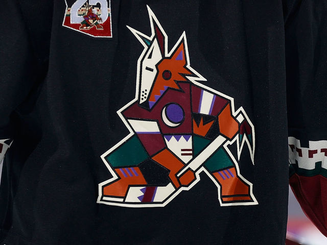 GLENDALE, ARIZONA - JANUARY 22: Detail of the Arizona Coyotes logo during the NHL game against the Vegas Golden Knights at Gila River Arena on January 22, 2021 in Glendale, Arizona. The Coyotes defeated the Golden Knights 5-2.
