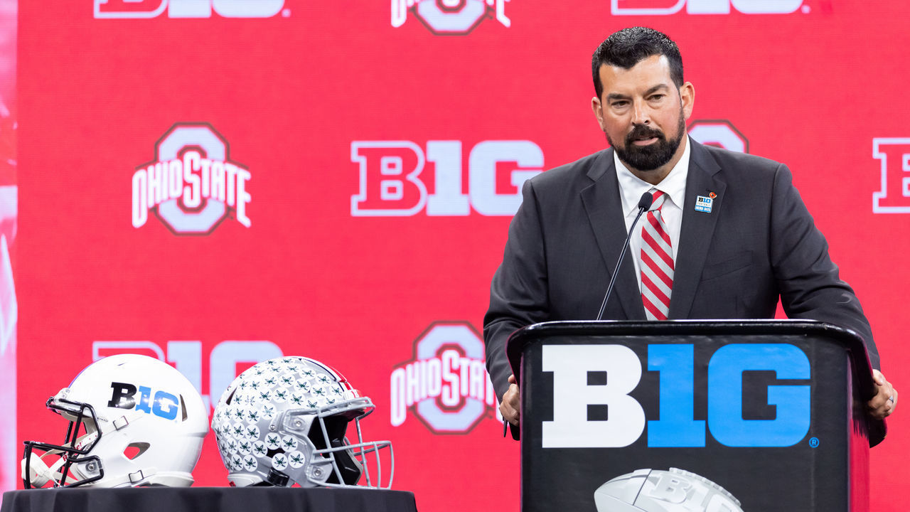 INDIANAPOLIS, IN - JULY 23: Ryan Day, head coach of the Ohio State Buckeyes speaks during the Big Ten Football Media Days at Lucas Oil Stadium on July 23, 2021 in Indianapolis, Indiana.