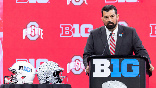 INDIANAPOLIS, IN - JULY 23: Ryan Day, head coach of the Ohio State Buckeyes speaks during the Big Ten Football Media Days at Lucas Oil Stadium on July 23, 2021 in Indianapolis, Indiana.