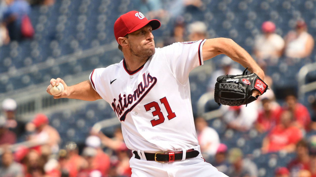 WASHINGTON, DC - JULY 18: Max Scherzer #31 of the Washington Nationals pitches in the first inning during a baseball game against the San Diego Padres at Nationals Park on July 18, 2021 in Washington, DC.