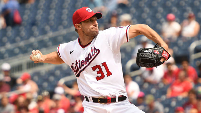 WASHINGTON, DC - JULY 18: Max Scherzer #31 of the Washington Nationals pitches in the first inning during a baseball game against the San Diego Padres at Nationals Park on July 18, 2021 in Washington, DC.