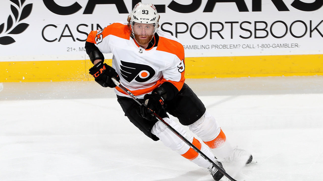 NEWARK, NEW JERSEY - APRIL 27: Jakub Voracek #93 of the Philadelphia Flyers takes the puck in the first period against the New Jersey Devils at Prudential Center on April 27, 2021 in Newark, New Jersey.