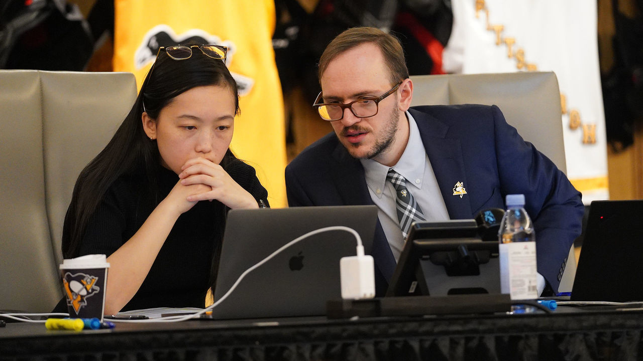 PITTSBURGH, PA - JULY 24: (L-R) Katerina Wu, Data Scientist, and Nick Citrone, Senior Data Scientist, of the Pittsburgh Penguins attend rounds 2-7 of the 2021 NHL Entry Draft at PPG Paints Arena on July 24, 2021 in Pittsburgh, Pennsylvania.