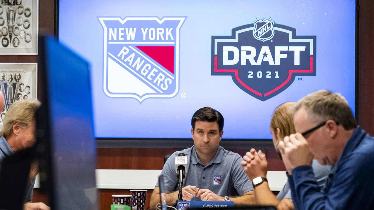 TARRYTOWN, NEW YORK - JULY 23: President and General Manager Chris Drury and his staff of the New York Rangers attend the first round of the 2021 NHL Entry Draft at MSG Training Center on July 23, 2021 in Tarrytown, New York.