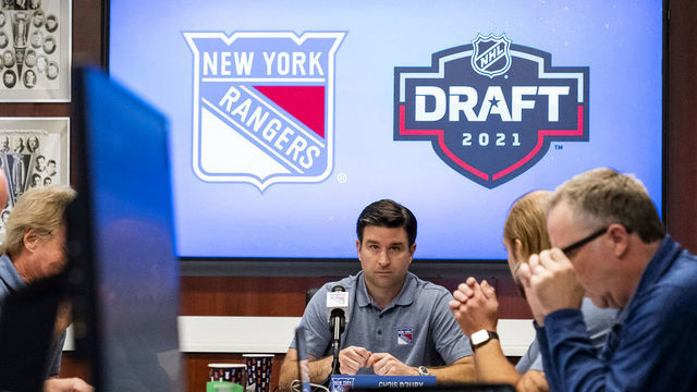 TARRYTOWN, NEW YORK - JULY 23: President and General Manager Chris Drury and his staff of the New York Rangers attend the first round of the 2021 NHL Entry Draft at MSG Training Center on July 23, 2021 in Tarrytown, New York.