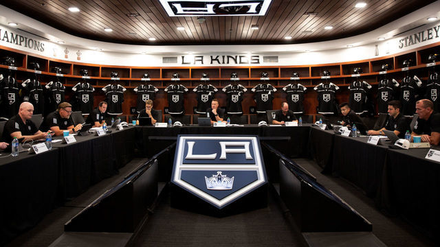 EL SEGUNDO, CALIFORNIA - JULY 23: President Luc Robitaille, Vice President and General Manager Rob Blake, Director of Amateur Scouting Mark Yannetti of the Los Angeles Kings and staff prepare for the first round of the 2021 NHL Entry Draft at Toyota Sports Performance Center on July 23, 2021 in El Segundo, California.