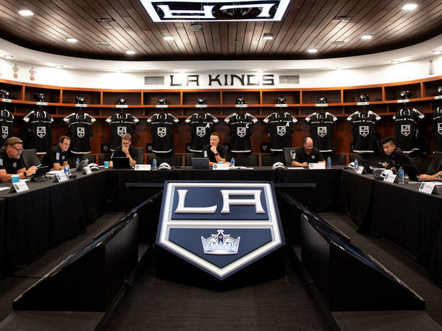 EL SEGUNDO, CALIFORNIA - JULY 23: President Luc Robitaille, Vice President and General Manager Rob Blake, Director of Amateur Scouting Mark Yannetti of the Los Angeles Kings and staff prepare for the first round of the 2021 NHL Entry Draft at Toyota Sports Performance Center on July 23, 2021 in El Segundo, California.