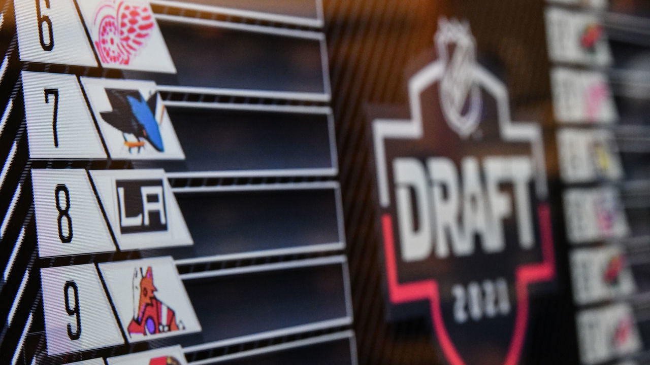 SAN JOSE, CA - JULY 23: A general look at the ty screen as the San Jose Sharks receive the 7th pick in the first round during the 2021 NHL Draft at SAP Center on July 23, 2021 in San Jose, California.