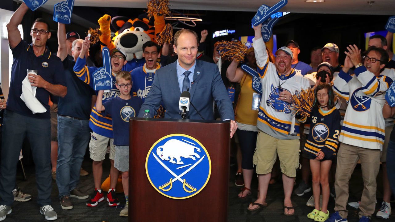 BUFFALO, NY - JULY 23: Fans react as general manager Kevyn Adams of the Buffalo Sabres announces their selection of Owen Power as the first overall pick in the 2021 NHL Draft on July 23, 2021 at KeyBank Center in Buffalo, New York.