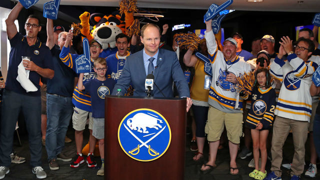 BUFFALO, NY - JULY 23: Fans react as general manager Kevyn Adams of the Buffalo Sabres announces their selection of Owen Power as the first overall pick in the 2021 NHL Draft on July 23, 2021 at KeyBank Center in Buffalo, New York.