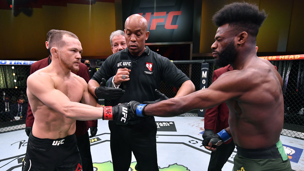 LAS VEGAS, NEVADA - MARCH 06: (L-R) Opponents Petr Yan of Russia and Aljamain Sterling face off prior to their UFC bantamweight championship fight during the UFC 259 event at UFC APEX on March 06, 2021 in Las Vegas, Nevada.