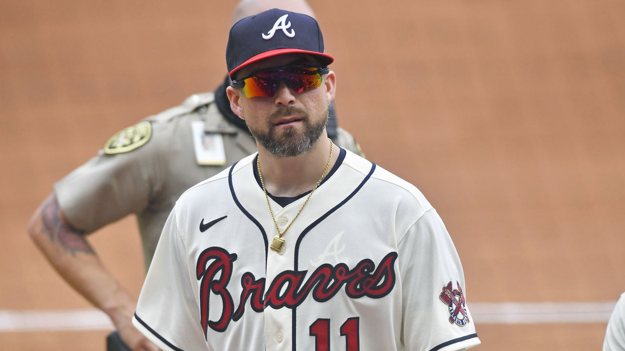 ATLANTA, GA - JUNE 20: Atlanta Braves outfielder Ender Inciarte walks back to the dugout at the end of a series during the seventh inning of Game 1 of a MLB doubleheader between the St. Louis Cardinals and Atlanta Braves on June 20, 2021 at Truist Park in Atlanta, GA.