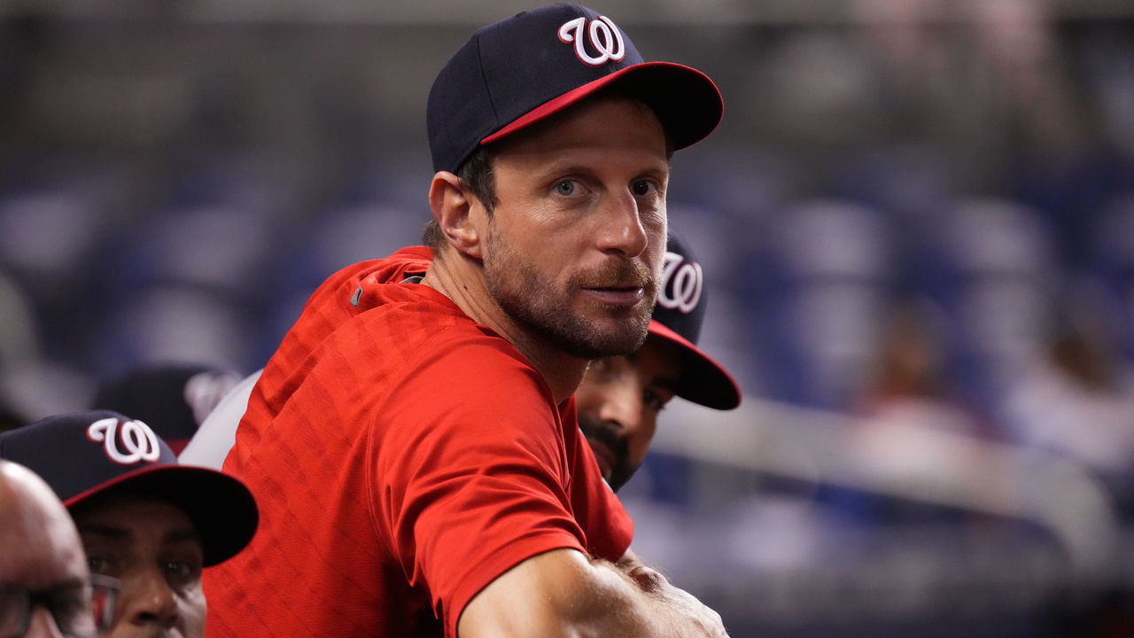 MIAMI, FLORIDA - JUNE 24: Max Scherzer #31 of the Washington Nationals looks on from the dugout during the game against the Miami Marlins at loanDepot park on June 24, 2021 in Miami, Florida.