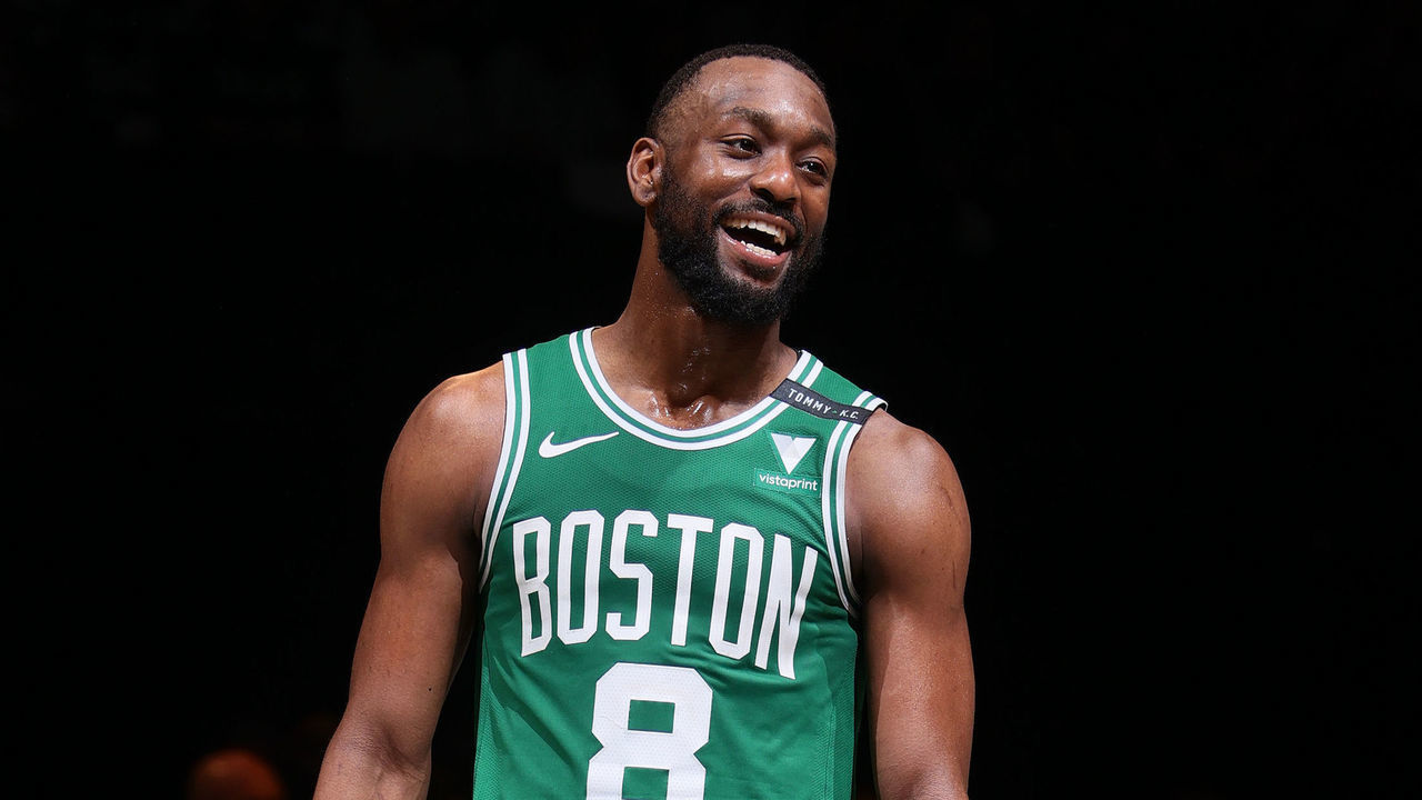BROOKLYN, NY - MAY 25: Kemba Walker #8 of the Boston Celtics smiles during the game against the Brooklyn Nets during Round 1, Game 2 of the 2021 NBA Playoffs on May 25, 2021 at Barclays Center in Brooklyn, New York. Mandatory Copyright Notice: Copyright 2021 NBAE