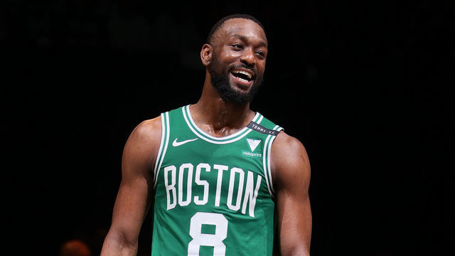 BROOKLYN, NY - MAY 25: Kemba Walker #8 of the Boston Celtics smiles during the game against the Brooklyn Nets during Round 1, Game 2 of the 2021 NBA Playoffs on May 25, 2021 at Barclays Center in Brooklyn, New York. Mandatory Copyright Notice: Copyright 2021 NBAE
