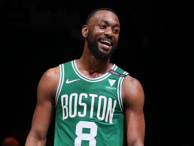 BROOKLYN, NY - MAY 25: Kemba Walker #8 of the Boston Celtics smiles during the game against the Brooklyn Nets during Round 1, Game 2 of the 2021 NBA Playoffs on May 25, 2021 at Barclays Center in Brooklyn, New York. Mandatory Copyright Notice: Copyright 2021 NBAE