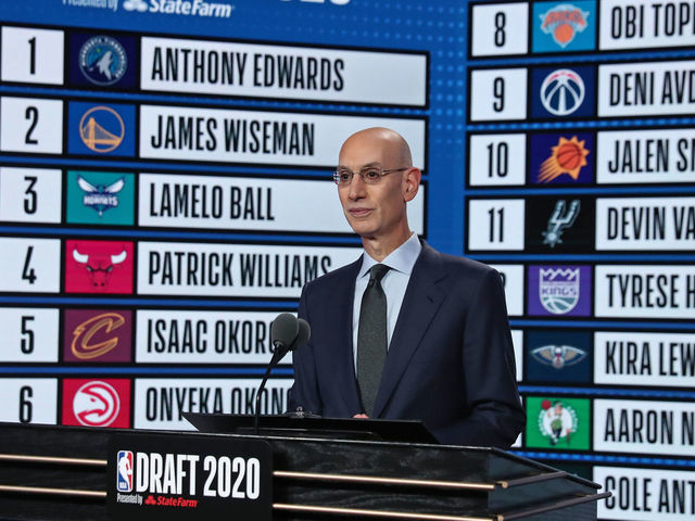 BRISTOL, CT - NOVEMBER 18: NBA Commissioner, Adam Silver stands in front of the board displaying the whole first round during the 2020 NBA Draft on November 18, 2020 in Bristol, Connecticut at ESPN Headquarters. NOTE TO USER: User expressly acknowledges and agrees that, by downloading and/or using this photograph, user is consenting to the terms and conditions of the Getty Images License Agreement. Mandatory Copyright Notice: Copyright 2020 NBAE