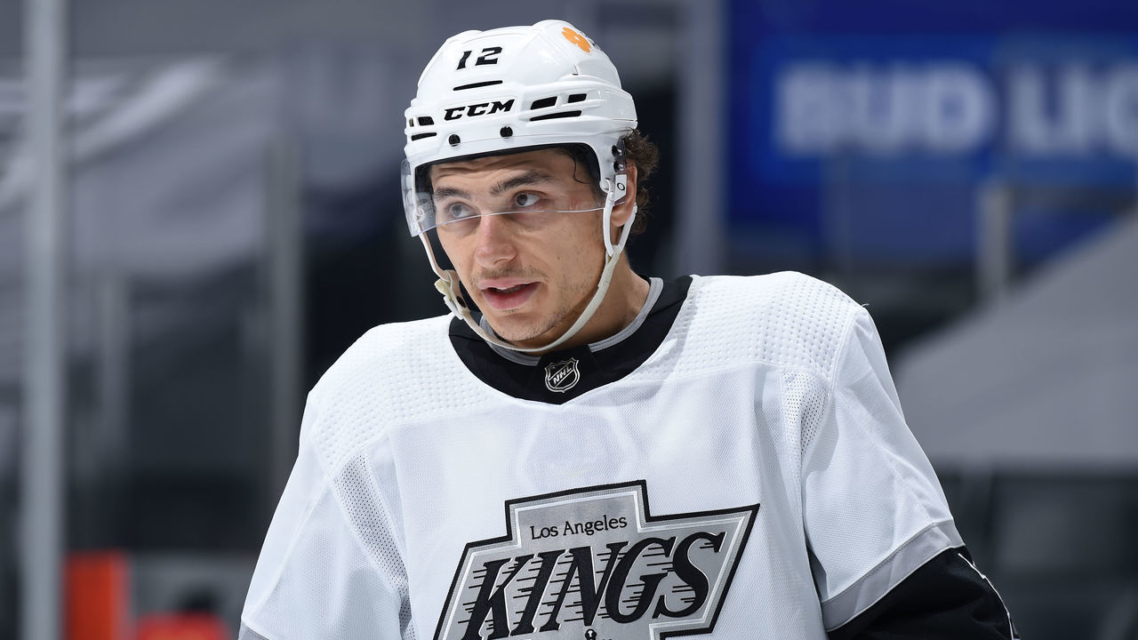 LOS ANGELES, CA - APRIL 28: Trevor Moore #12 of the Los Angeles Kings looks on during the second period against the Anaheim Ducks at STAPLES Center on April 28, 2021 in Los Angeles, California.