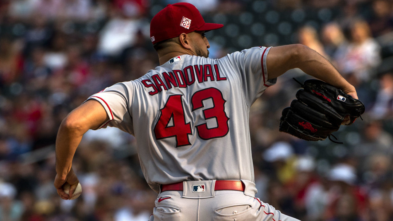 MINNEAPOLIS, MN - JULY 24: Patrick Sandoval #43 of the Los Angeles Angels pitches in the first inning of the game against the Minnesota Twins at Target Field on July 24, 2021 in Minneapolis, Minnesota.