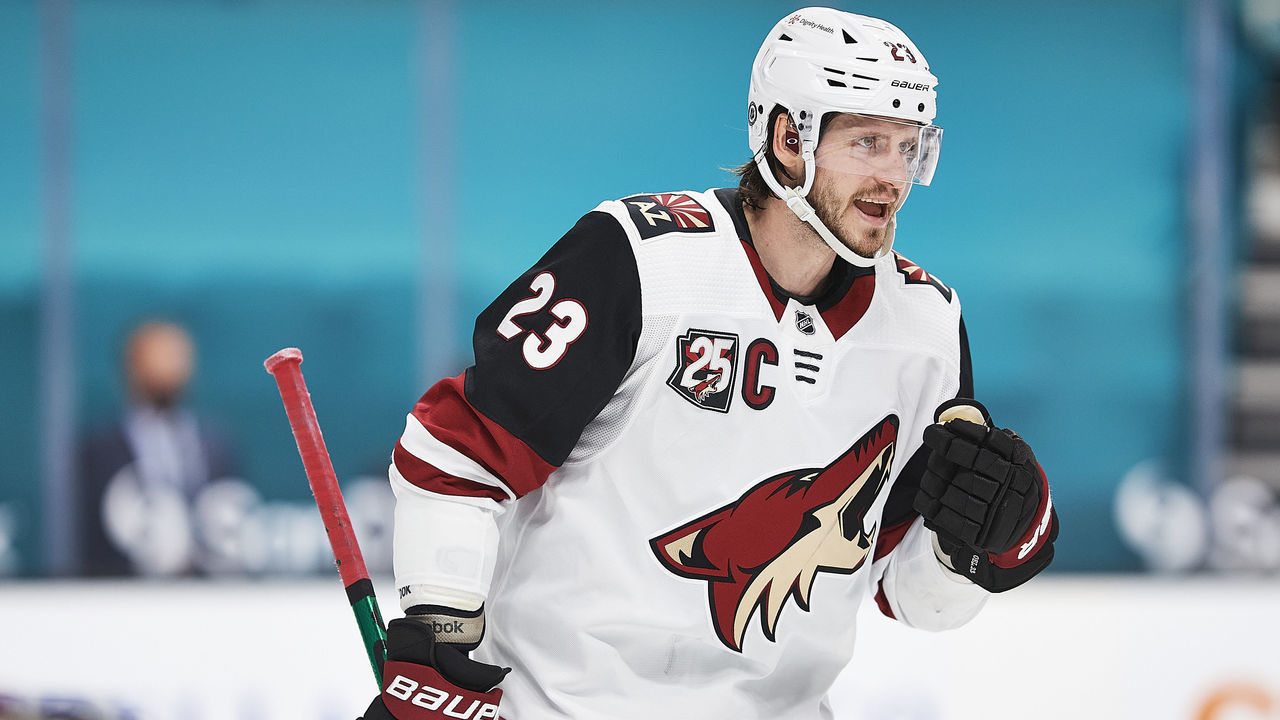 SAN JOSE, CA - May 8: Arizona Coyotes defenseman Oliver Ekman-Larsson (23) talks to teammates during the San Jose Sharks game versus the Arizona Coyotes on May 8, 2021, at SAP Center at San Jose in San Jose, CA.
