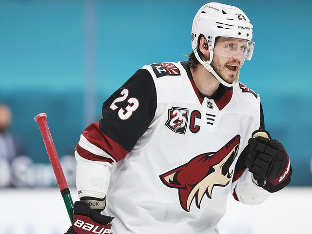 SAN JOSE, CA - May 8: Arizona Coyotes defenseman Oliver Ekman-Larsson (23) talks to teammates during the San Jose Sharks game versus the Arizona Coyotes on May 8, 2021, at SAP Center at San Jose in San Jose, CA.