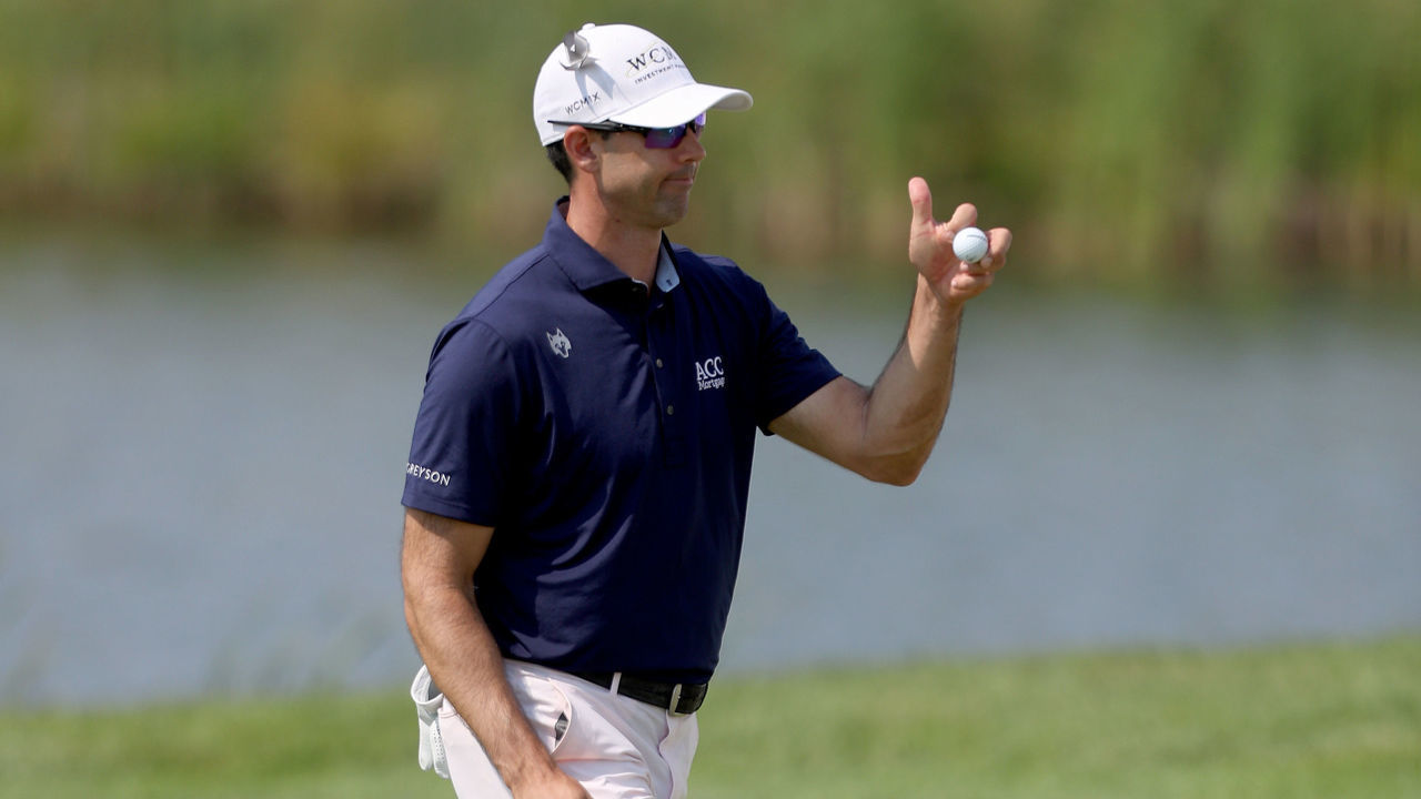 BLAINE, MINNESOTA - JULY 24: Cameron Tringale reacts after making par on the 14th green during the Third Round of the 3M Open at TPC Twin Cities on July 24, 2021 in Blaine, Minnesota.