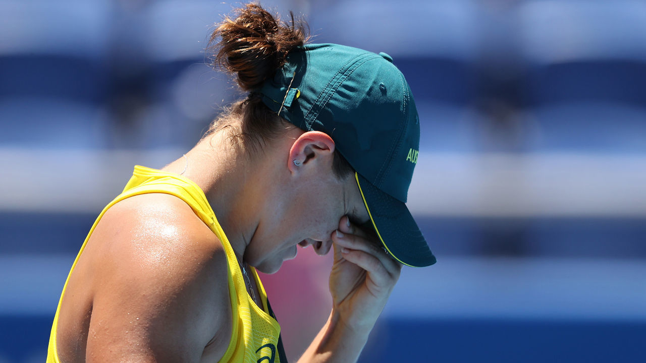 TOKYO, JAPAN - JULY 25: Ashleigh Barty of Team Australia shows her frustration during her Women's Singles First Round match against Sara Sorribes Tormo of Team Spain on day two of the Tokyo 2020 Olympic Games at Ariake Tennis Park on July 25, 2021 in Tokyo, Japan.