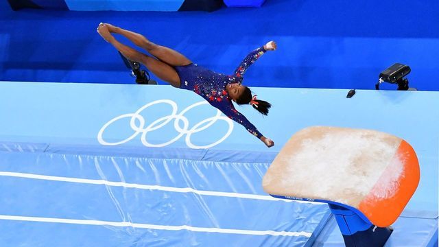 USA's Simone Biles competes in the artistic gymnastics vault event of the women's qualification during the Tokyo 2020 Olympic Games at the Ariake Gymnastics Centre in Tokyo on July 25, 2021.