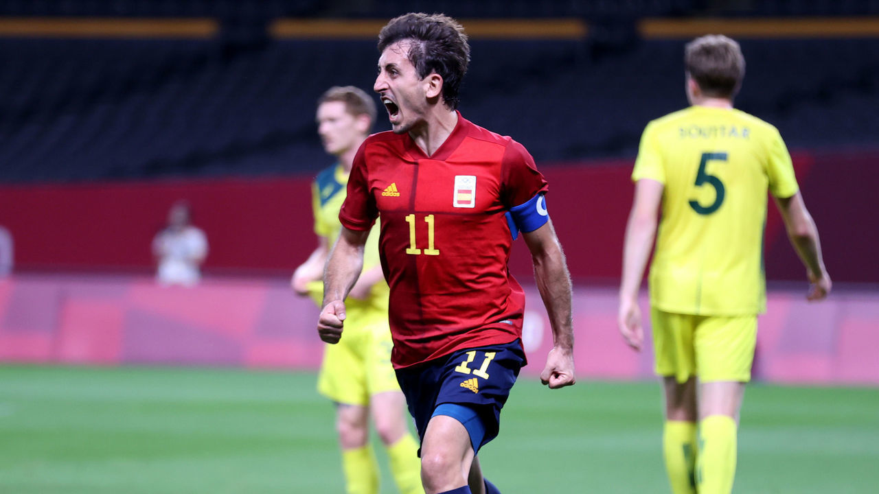 SAPPORO, JAPAN - JULY 25: Mikel Oyarzabal #11 of Team Spain celebrates after scoring their side's first goal during the Men's First Round Group C match between Australia and Spain on day two of the Tokyo 2020 Olympic Games at Sapporo Dome on July 25, 2021 in Sapporo, Hokkaido, Japan.