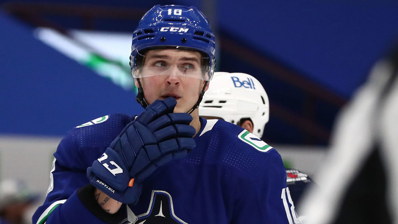 VANCOUVER, BC - MARCH 24: Vancouver Canucks Right Wing Jake Virtanen (18) on ice against the Winnipeg Jets during their NHL game at Rogers Arena on March 24, 2021 in Vancouver, British Columbia, Canada.