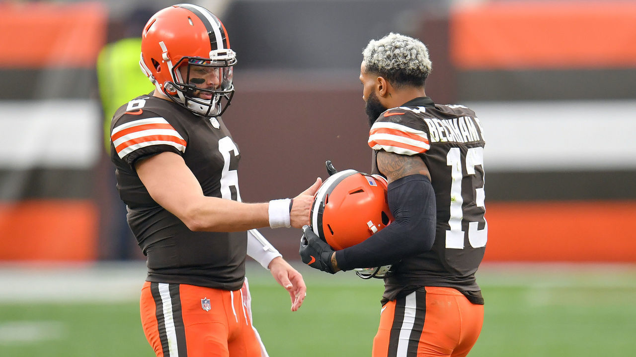 CLEVELAND, OHIO - OCTOBER 11: Quarterback Baker Mayfield #6 celebrates with wide receiver Odell Beckham Jr. #13 of the Cleveland Browns during the first half against the Indianapolis Colts at FirstEnergy Stadium on October 11, 2020 in Cleveland, Ohio. The Browns defeated the Colts 32-23.