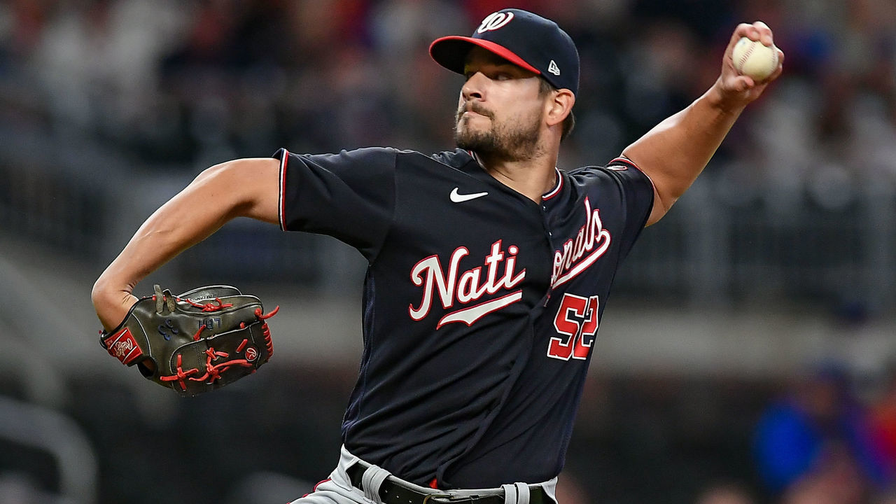 ATLANTA, GA JUNE 01: Washington relief pitcher Brad Hand (52) throws a pitch during the MLB game between the Washington Nationals and the Atlanta Braves on June 1st, 2021 at Truist Park in Atlanta, GA.