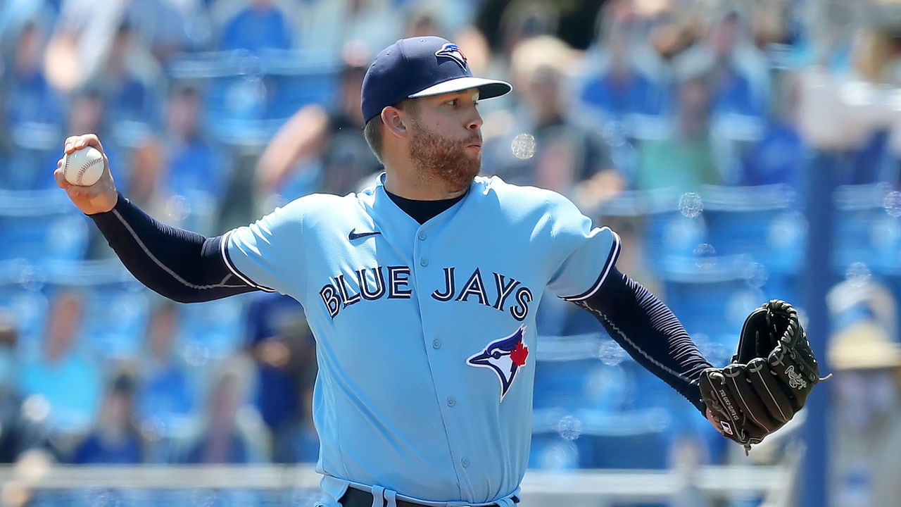 DUNEDIN, FL - APRIL 14: T. J. Zeuch (29) of the Blue Jays delivers a pitch to the plate during the regular season game between the New York Yankees and the Toronto Blue Jays on April 14, 2021, at TD Ballpark in Dunedin, FL.